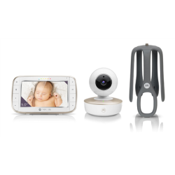 Motorola VM855 CONNECT 5.0” Portable Wi-Fi Video Baby Monitorwith Flexible Crib Mount, White/Gold Motorola | L | 5" TFT color display with 480 x 272 resolution; Lullabies; Two-way talk; Room temperature monitoring; Infrared night vision; LED sound level indicator; Wi-Fi connectivity for on-the-go viewing; 2.4GHz FHSS  wireless technology for in-home viewing; Remote pan scan, digital tilt and zoom; High sensitivity microphone; Secure and private c | 505537471006