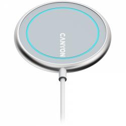 CANYON WS-100, Wireless charger, Input 9V/2A, 9V/2.7A, 12V/2A, Output 15W/10W/7.5W/5W, Type c cable length 1.5m, Acrylic surface+Aluminium alloy edge, 59*59*7mm, 0.06Kg, Silver | CNS-WCS100