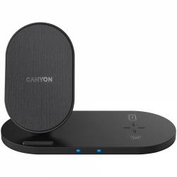 CANYON WS-202, 2in1 Wireless charger, Input 5V/3A, 9V/2.67A, Output 10W/7.5W/5W, Type c cable length 1.2m, PC+ABS,with PU part ,180*86*111.1mm, 0.185Kg,Black | CNS-WCS202B