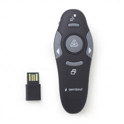 Gembird | Wireless presenter with laser pointer | WP-L-01 | Black | Depth 25 mm | Height 105 mm | Red laser pointer. 4 buttons to control most used PowerPoint presentation functions. Interface: USB. Presenter control distance: up to 10 m. | Yes | Weight 64 g | Width 38 mm